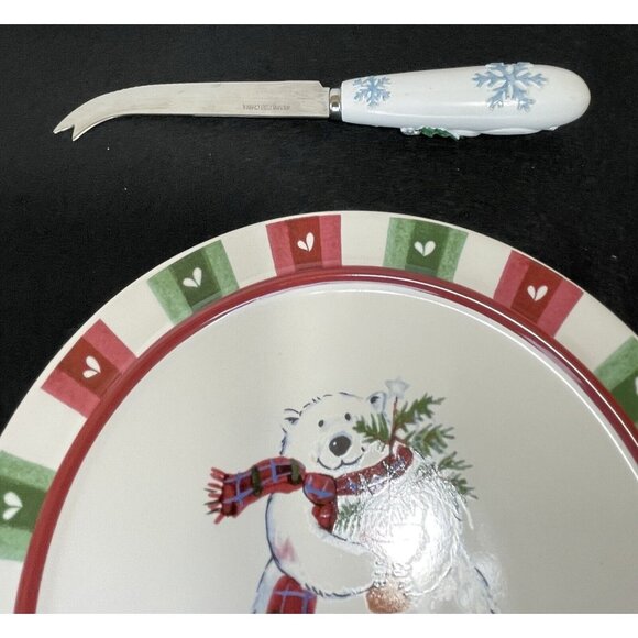 Pfaltzgraff Snow Bear Christmas Round Cheese Tray Trivet with Knife 8.5" Polar - Picture 5 of 9